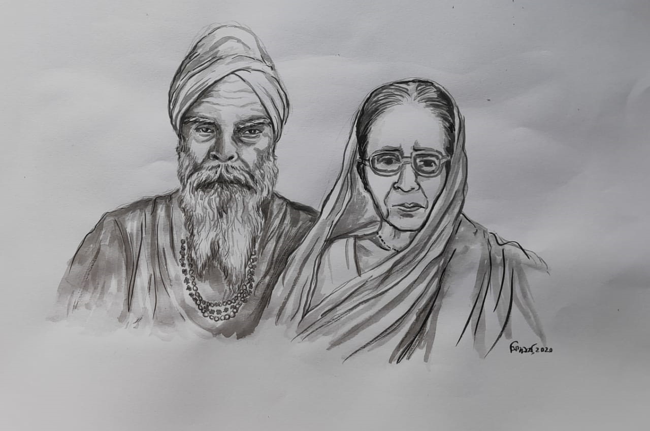 শম্ভু দাস বাউল, স্ত্রী বাউল সাধিকা বালিকা দাসী।।  এঁকেছেন শিল্পী সিদ্ধার্থ কর্মকার, কলাভবন, বিশ্বভারতী