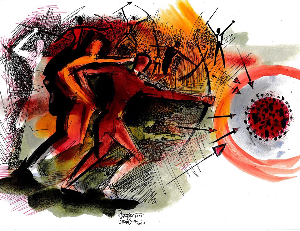 চিত্রশিল্পী উত্তম সেনের সৃষ্টিকর্ম ‘মানুষে মানুষে আর নয়,এবার যুদ্ধ হোক করোনা'র বিরুদ্ধে’