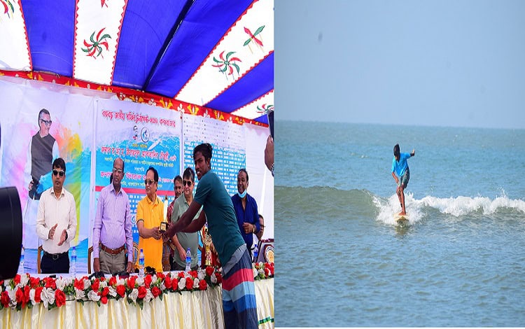 সার্ফিং প্রতিযোগিতায় একজন নারী তরুণ সমুদ্রে স্নান করছেন. Channel i News - চ্যানেল আই নিউজ