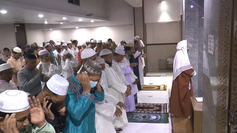 Bangladeshi Muslims praying in a mosque during a religious gathering. Channel i News - চ্যানেল আই নিউজ