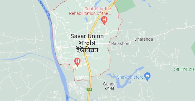 Map showing Savar Union area in Bangladesh with nearby landmarks. Channel i News - চ্যানেল আই নিউজ