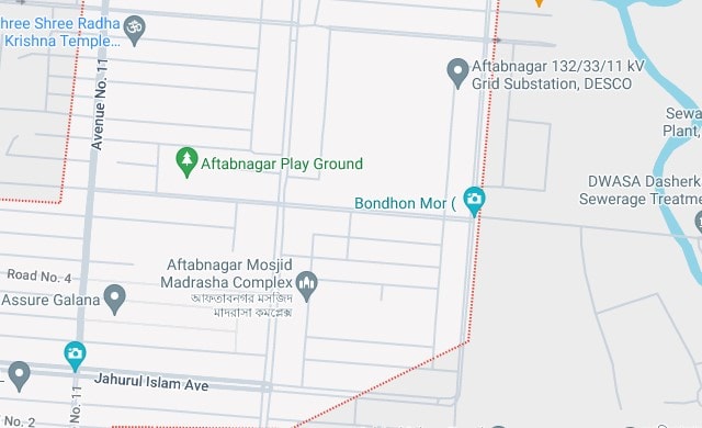 Map of Aftabnagar area showing key landmarks and roads in Dhaka. Channel i News - চ্যানেল আই নিউজ