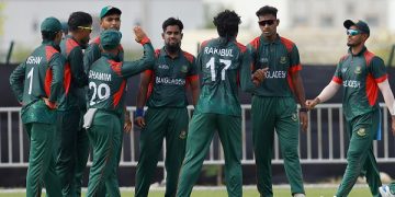 Bangladesh A players celebrate the wicket of Babar Hayat of Hong Kong, China during the ACC Men's T20 Emerging Teams Asia Cup 2024 Group A match between Bangladesh A and Hong Kong, China held at the Oman Cricket Academy Ground, Muscat, Oman on October 18, 2024.

Photo by Deepak Malik / CREIMAS for Asian Cricket Council