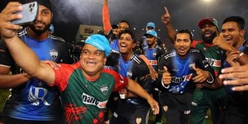 GEORGETOWN, GUYANA - DECEMBER 06: Rangpur Riders players and staff celebrate victory in the ExxonMobil Guyana Global Super League T20 Final between Victoria and Rangpur Riders at Providence Stadium on December 06, 2024 in Georgetown, Guyana. (Photo by Ashley Allen - GSLT20/Global Super League via Getty Images)