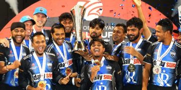 GEORGETOWN, GUYANA - DECEMBER 06: Captain of Rangpur Riders, Nurul Hasan lifts the ExxonMobil Guyana Global Super League T20 trophy after winning the ExxonMobil Guyana Global Super League T20 Final between Victoria and Rangpur Riders at Providence Stadium on December 06, 2024 in Georgetown, Guyana. (Photo by Ashley Allen - GSLT20/Global Super League via Getty Images)