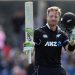 CHRISTCHURCH, NEW ZEALAND - FEBRUARY 16: Martin Guptill of New Zealand celebrates his century during Game 2 of the One Day International series between New Zealand and Bangladesh at Hagley Oval on February 16, 2019 in Christchurch, New Zealand. (Photo by Kai Schwoerer/Getty Images)