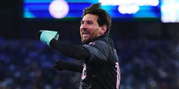 KANSAS CITY, KANSAS - FEBRUARY 19: Lionel Messi of Inter Miami celebrates after scoring the team's first goal during a 2025 Concacaf Champions Cup first leg match between Sporting Kansas City and Inter Miami at Sporting Park on February 19, 2025 in Kansas City, Kansas.   Kyle Rivas/Getty Images/AFP (Photo by Kyle Rivas / GETTY IMAGES NORTH AMERICA / Getty Images via AFP)