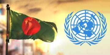 বাংলাদেশের পতাকা ও জাতিসংঘের লোগো সূর্যোদয়ের পেছনে. Channel i News - চ্যানেল আই নিউজ