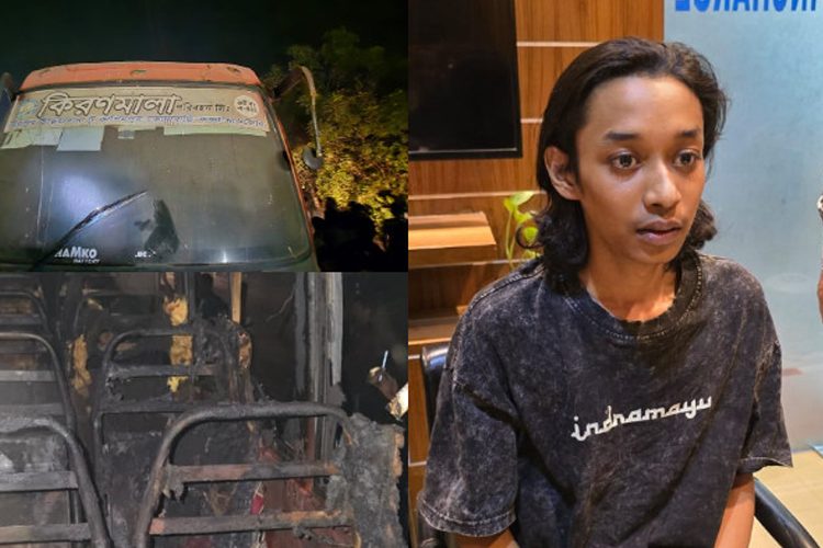 মিরপুরে আগুনে ক্ষতিগ্রস্ত বাস। একজন আটক। ছবি: সংগৃহীত