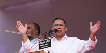 সিলেটে বিএনপির নির্বাচনী জনসভায় দলটির চেয়ারম্যান তারেক রহমান। ছবি: মঞ্জুর মোর্সেদ রিকি