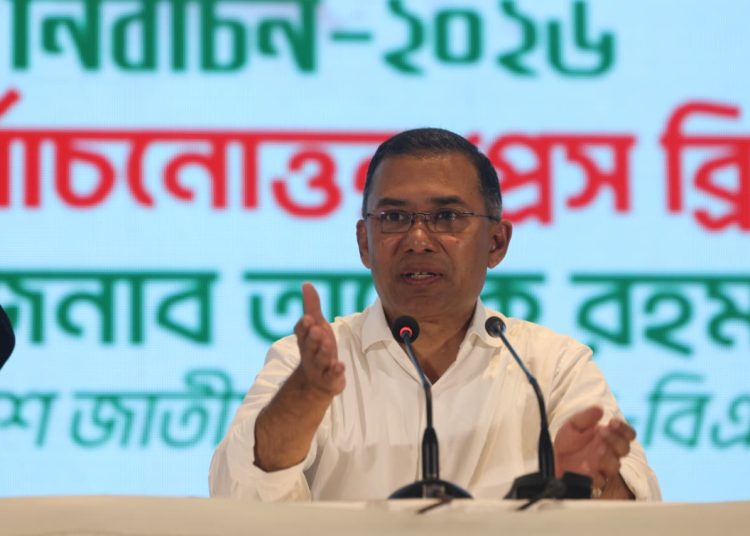 নির্বাচন পরবর্তী সংবাদ সম্মেলনে বিএনপি চেয়ারপার্সন তারেক রহমান। ছবি: মঞ্জুর মোর্সেদ রিকি