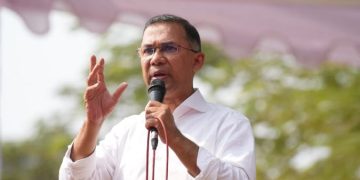 নির্বাচনি জনসভায় তারেক রহমান। ছবি: মঞ্জুর মোর্সেদ রিকি