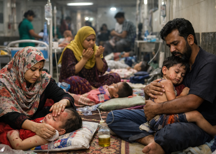 হাসপাতালে মেঝেতেই চলছে চিকিৎসা—অসুস্থ সন্তানকে বুকে আগলে নির্ঘুম রাত পার করছেন উদ্বিগ্ন বাবা-মায়েরা। ছবি: এআই