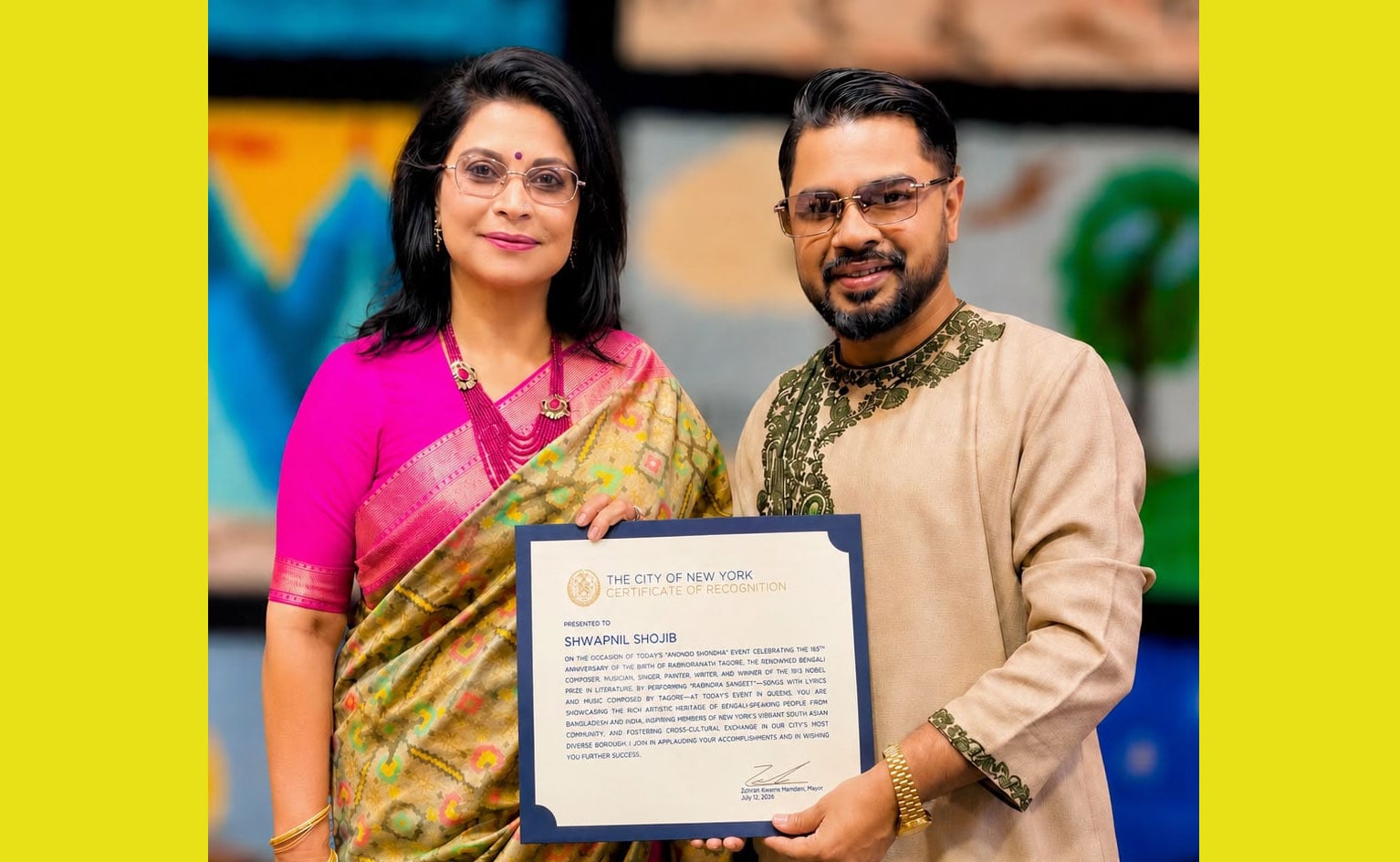 রবীন্দ্র-সন্ধ্যায় নিউ ইয়র্ক মেয়রের বিশেষ সম্মাননায় বন্যা ও স্বপ্নীল | চ্যানেল আই অনলাইন রবীন্দ্র-সন্ধ্যায় নিউ ইয়র্ক মেয়রের বিশেষ সম্মাননায় বন্যা ও স্বপ্নীল | চ্যানেল আই অনলাইন
